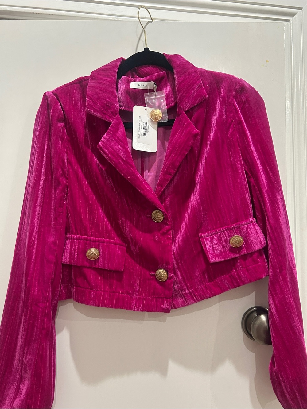 Lush Hot Pink Velvet Cropped Blazer with Gold Buttons